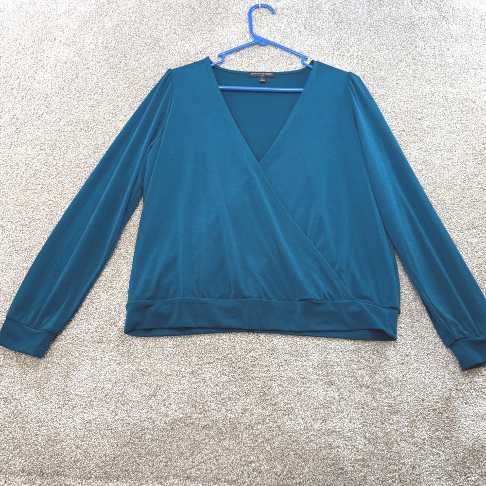 Banana Republic Womens Teal Blue Faux Wrap Long Sleeve V-Neck Top M Crop Work